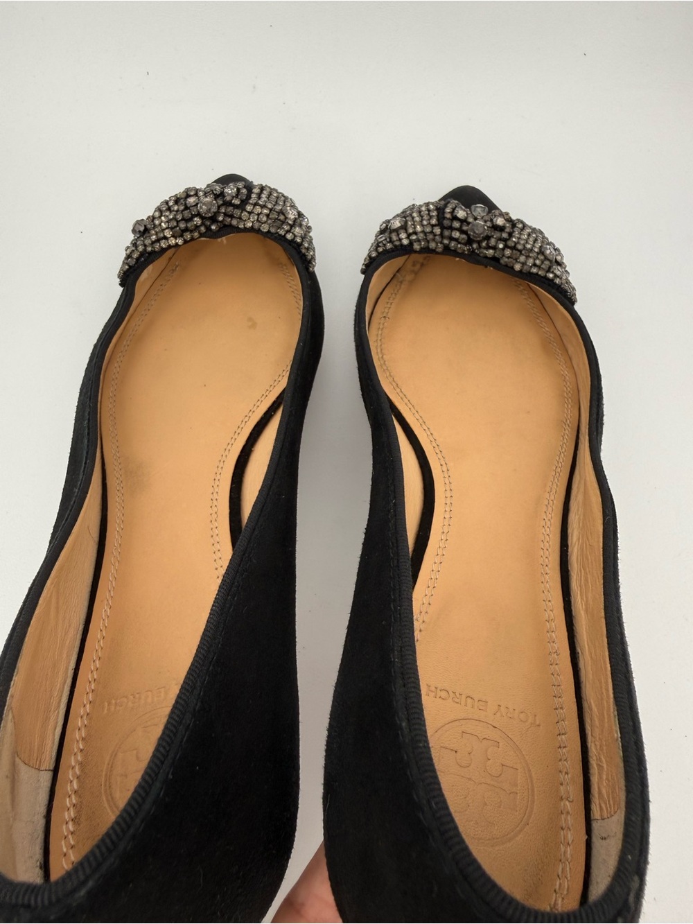Tory Burch Vanessa Black Suede Pointed Toe Crystal -Bow Ballet Flat Sz 9.5 Prepp - Picture 10 of 17
